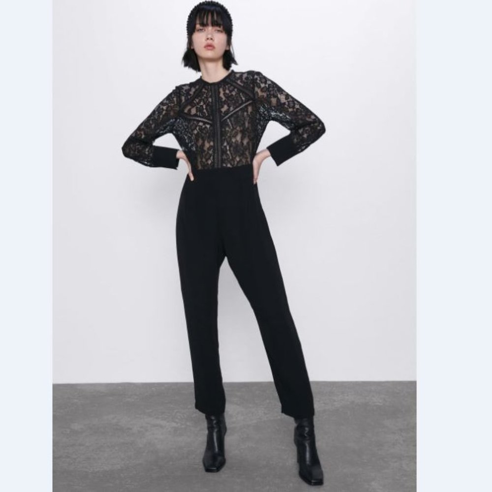 Zara black jumpsuit with lace bodice NWT, S